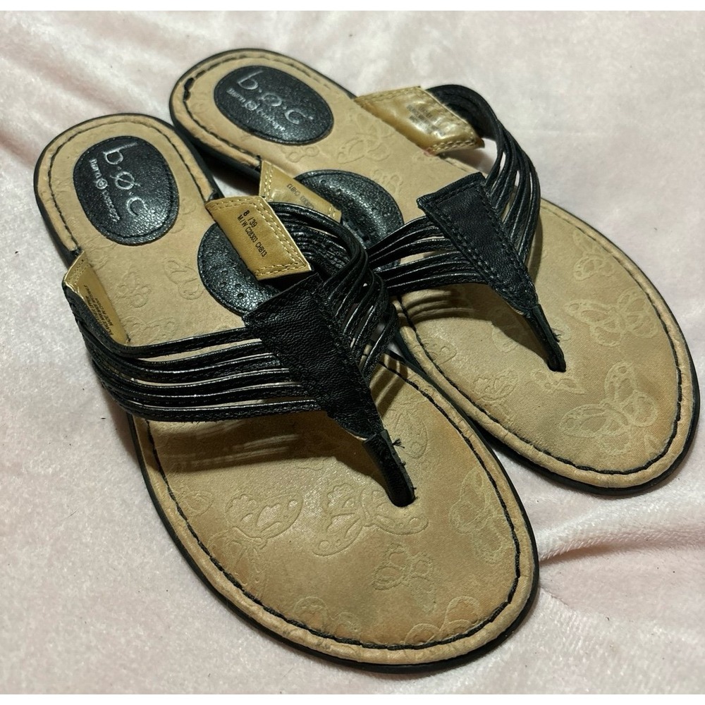 b.ø.c. Born Concept Women's Black Leather Multi Strap Dressy Thong Sandals, 8